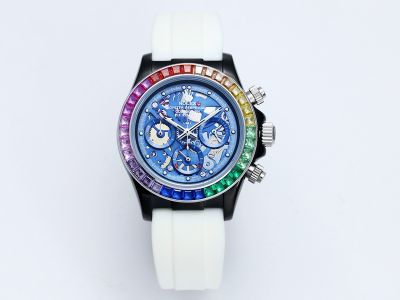 Rolex Daytona 43mm Quartz Movement Mineral Glass Rubber Band Rainbow Bezel Lume Watch